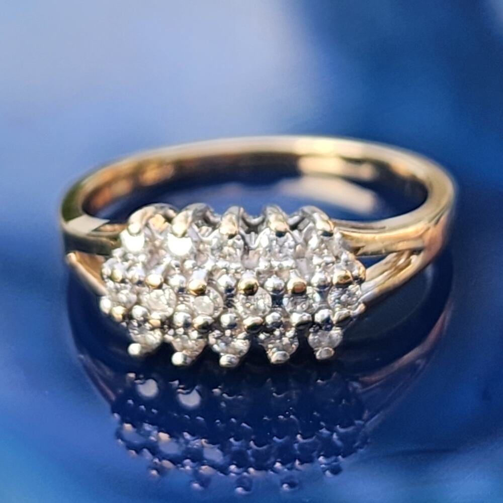 14K Fine Yellow Gold Diamond Cluster 3 Tier Open Work Accent Ring - Picture 14 of 14